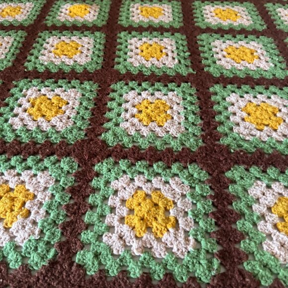 Vintage Hand-Crocheted Granny Square Afghan Blanket 55" x 72" Yellow Green Brown - Picture 1 of 16